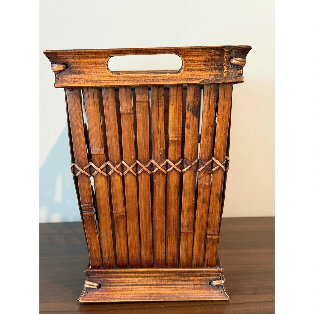 Vintage Bamboo Lattice Storage Crate Dark Brown Woven Basket Handles 15x9x12